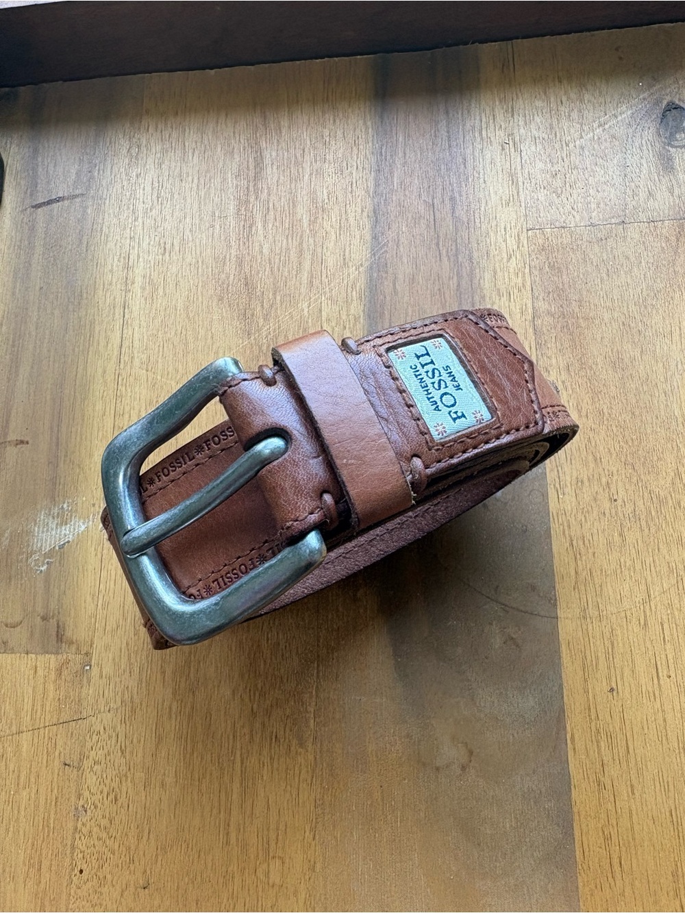 Fossil Men's Tan Leather Belt with Antique Silver Buckle